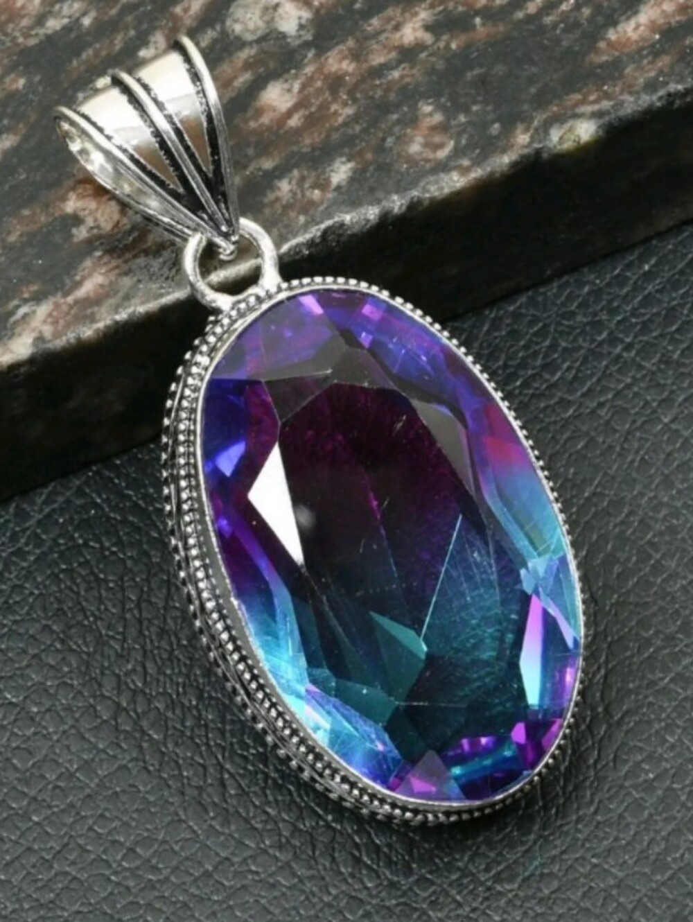 Bi-Color Tourmaline Gemstone 925 Sterling Silver Antique Design Pendant Necklace